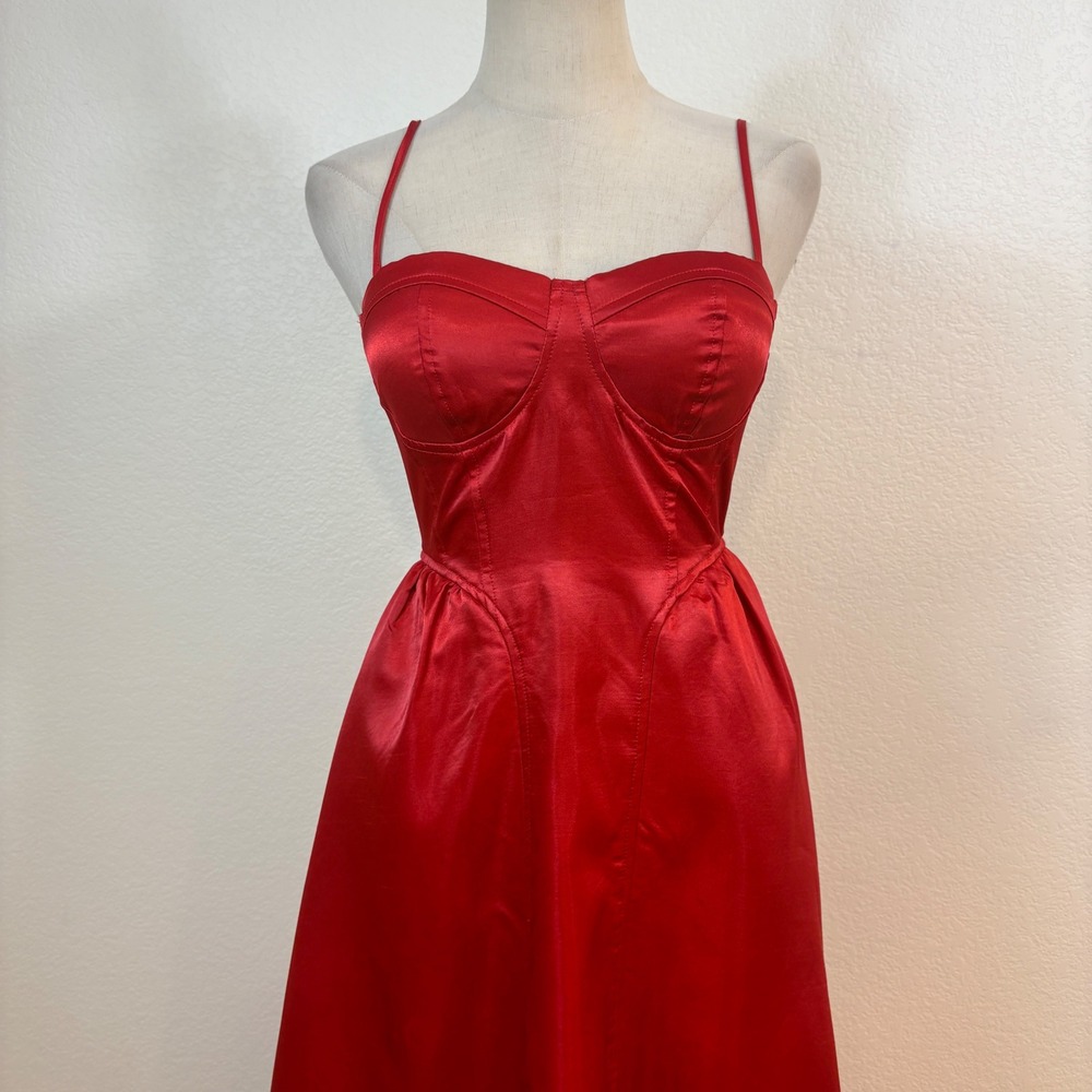 MABLE Bustier Midi Dress Womens S Red Satin A-Line Basque waist Cocktail Party - Picture 3 of 8